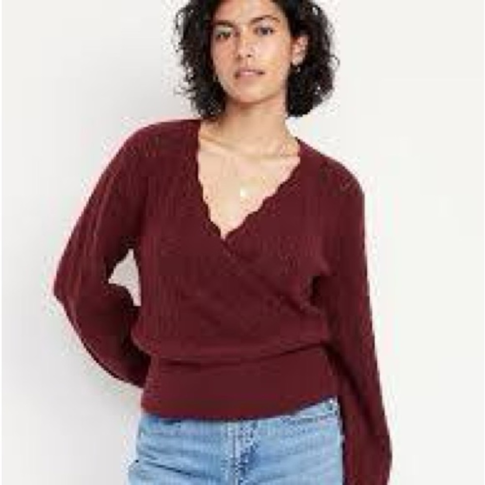 Old Navy Wool-Blend Wrap-Front Sweater pointelle red burgundy umber earth M